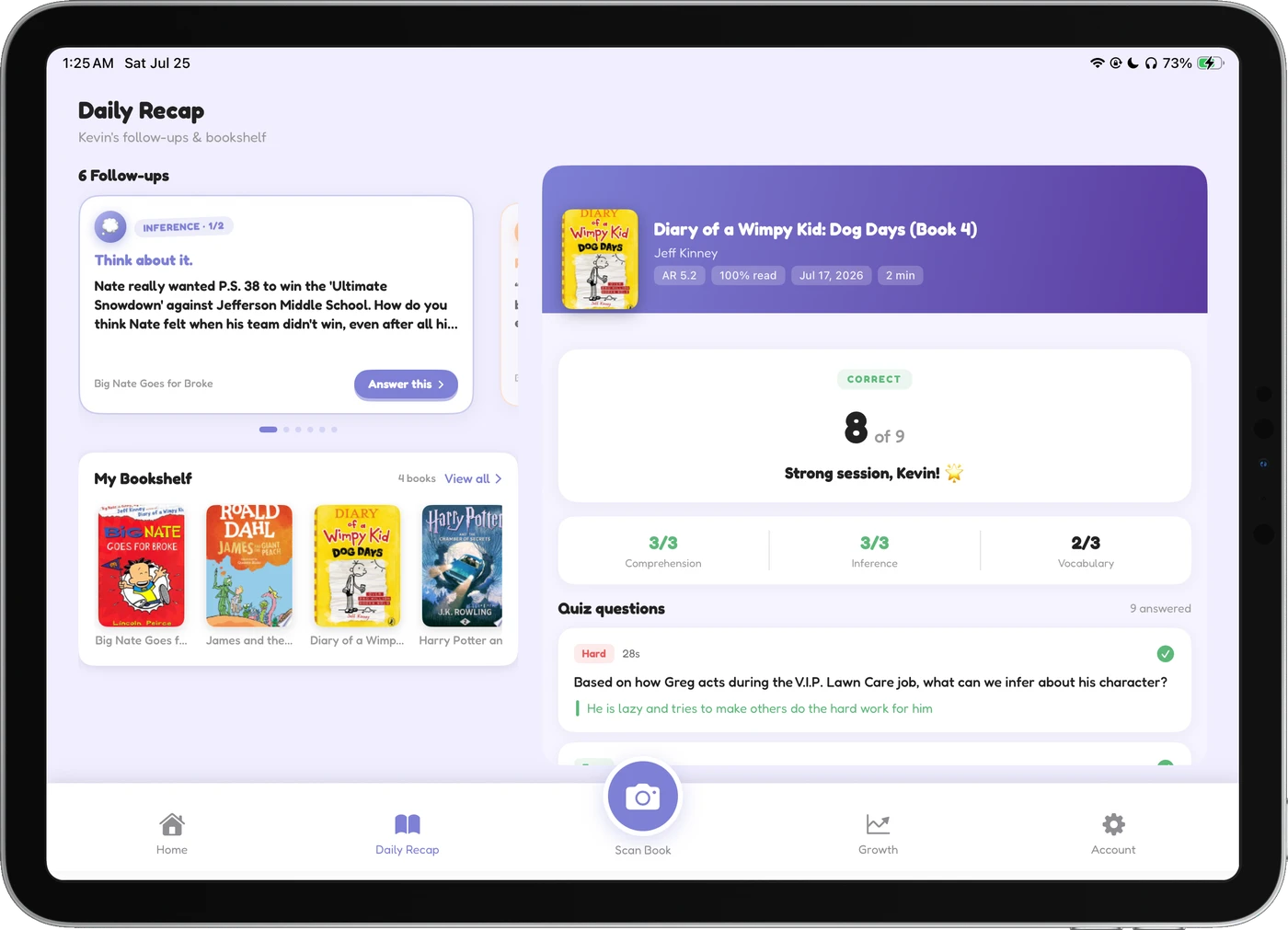 ReadBuddy Daily Recap on iPad: follow-up activities and quiz report side by side