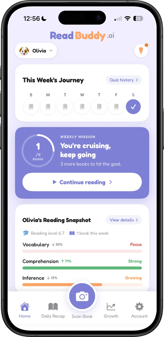 ReadBuddy home screen with weekly mission progress and reading snapshot