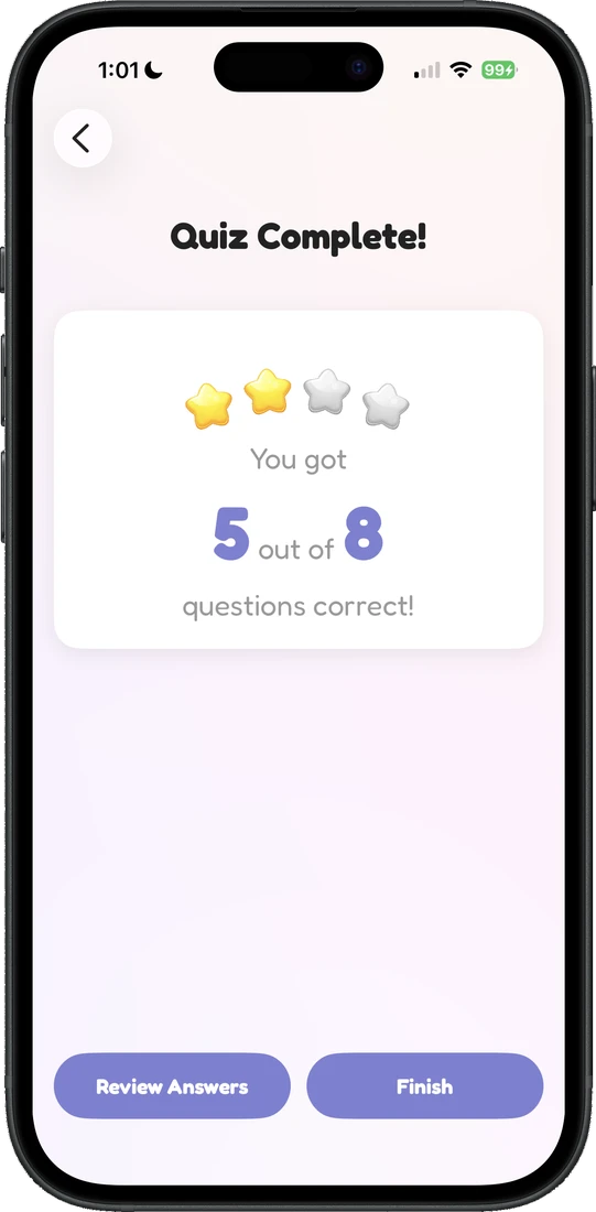 ReadBuddy quiz complete screen showing 5 of 8 questions correct