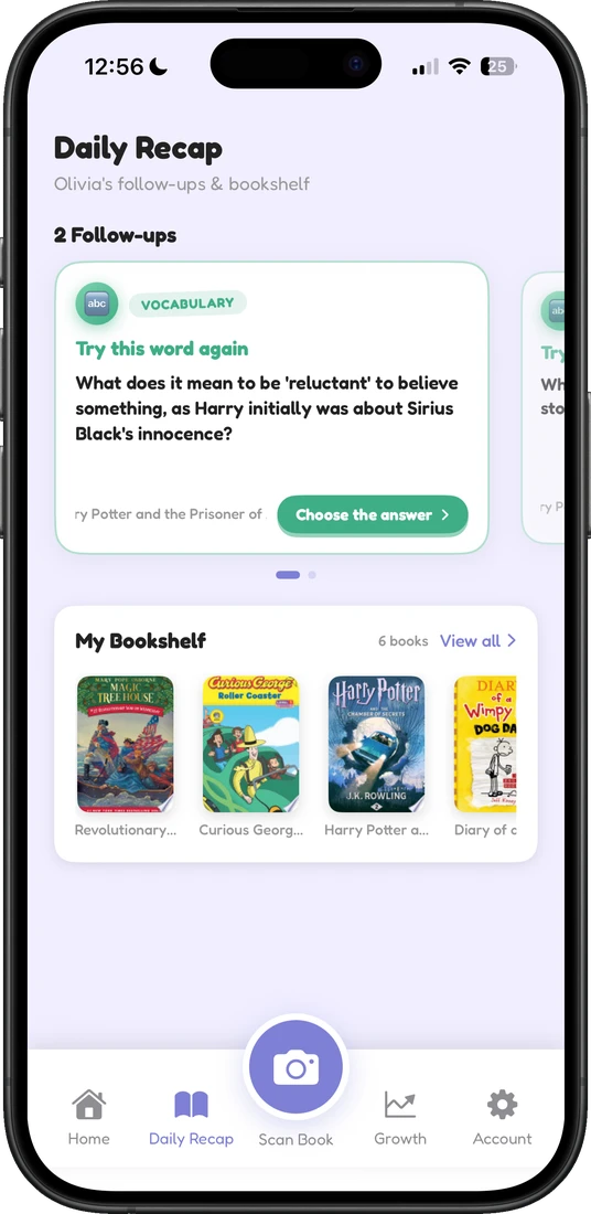 ReadBuddy Daily Recap screen with vocabulary follow-up and bookshelf