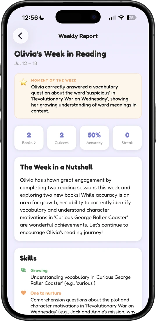 ReadBuddy Sunday parent report on iPhone