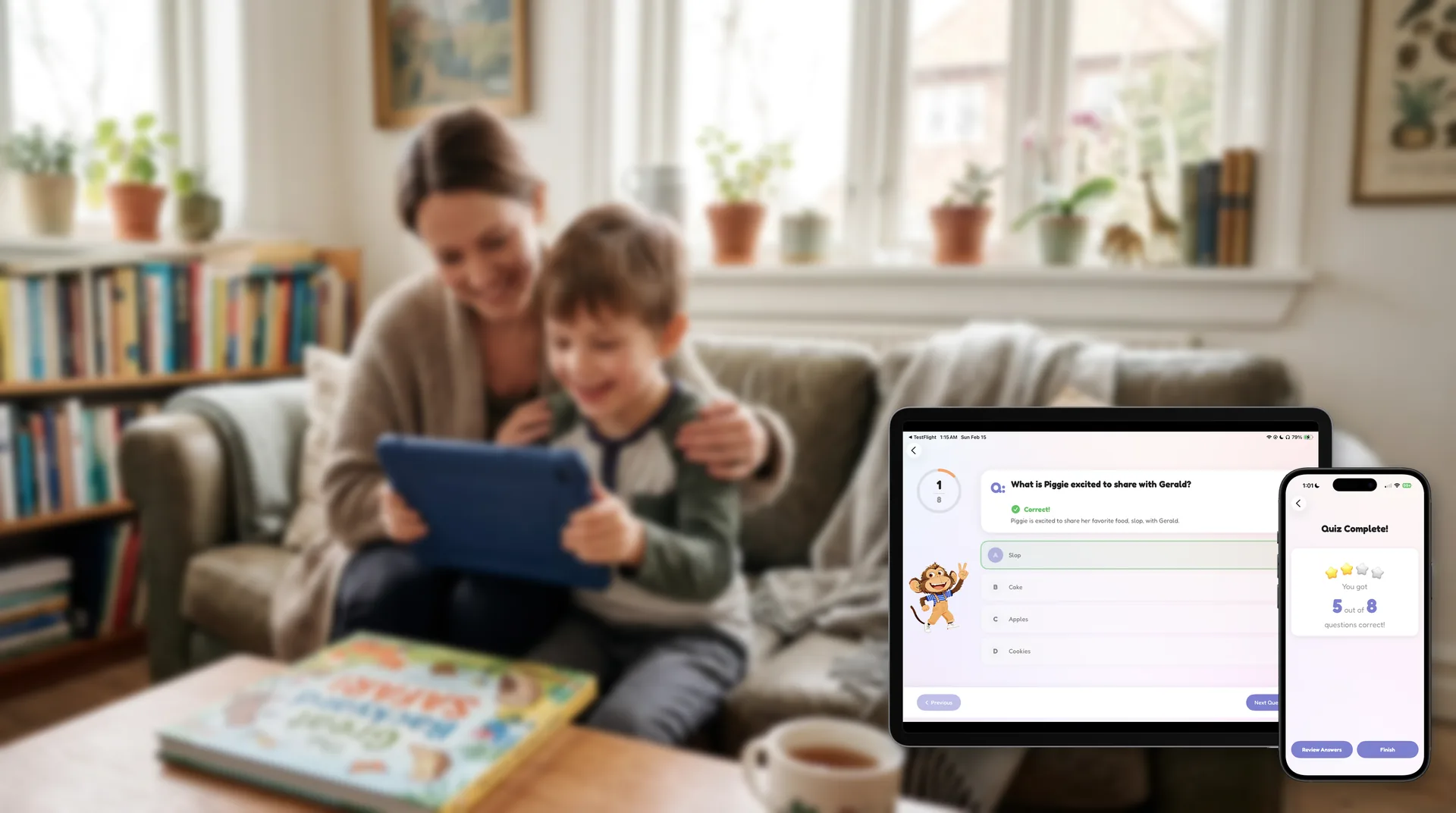 Mother and son taking a ReadBuddy book quiz on iPad and iPhone