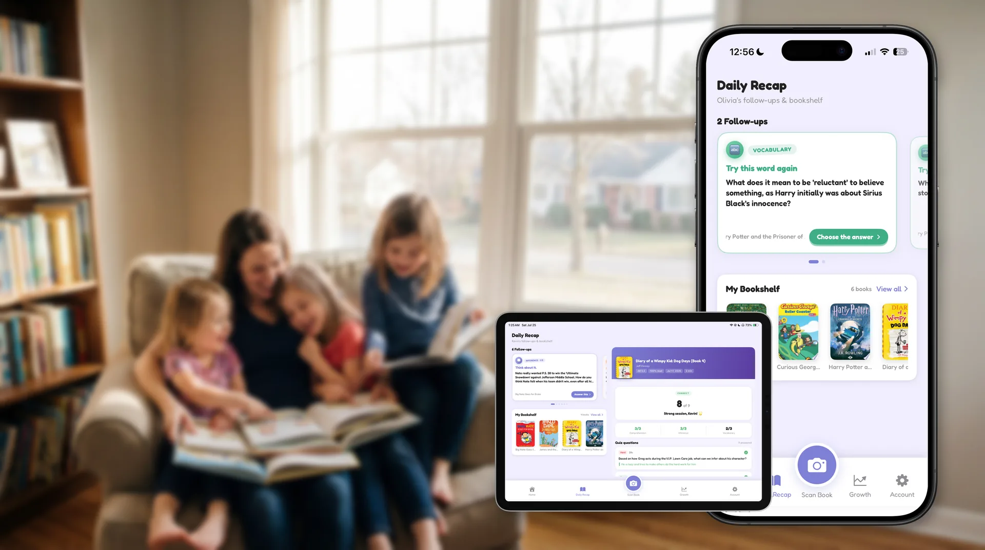 Mom and kids reading together with ReadBuddy Daily Recap follow-ups on iPhone and iPad